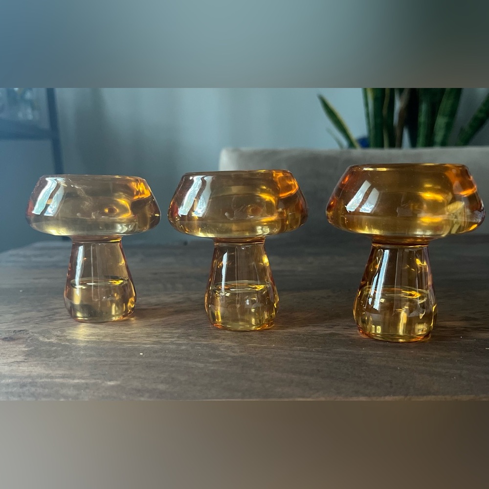 Set of 3 Amber Glass Mushroom Candle Holders Votive or Candlestick 3”
